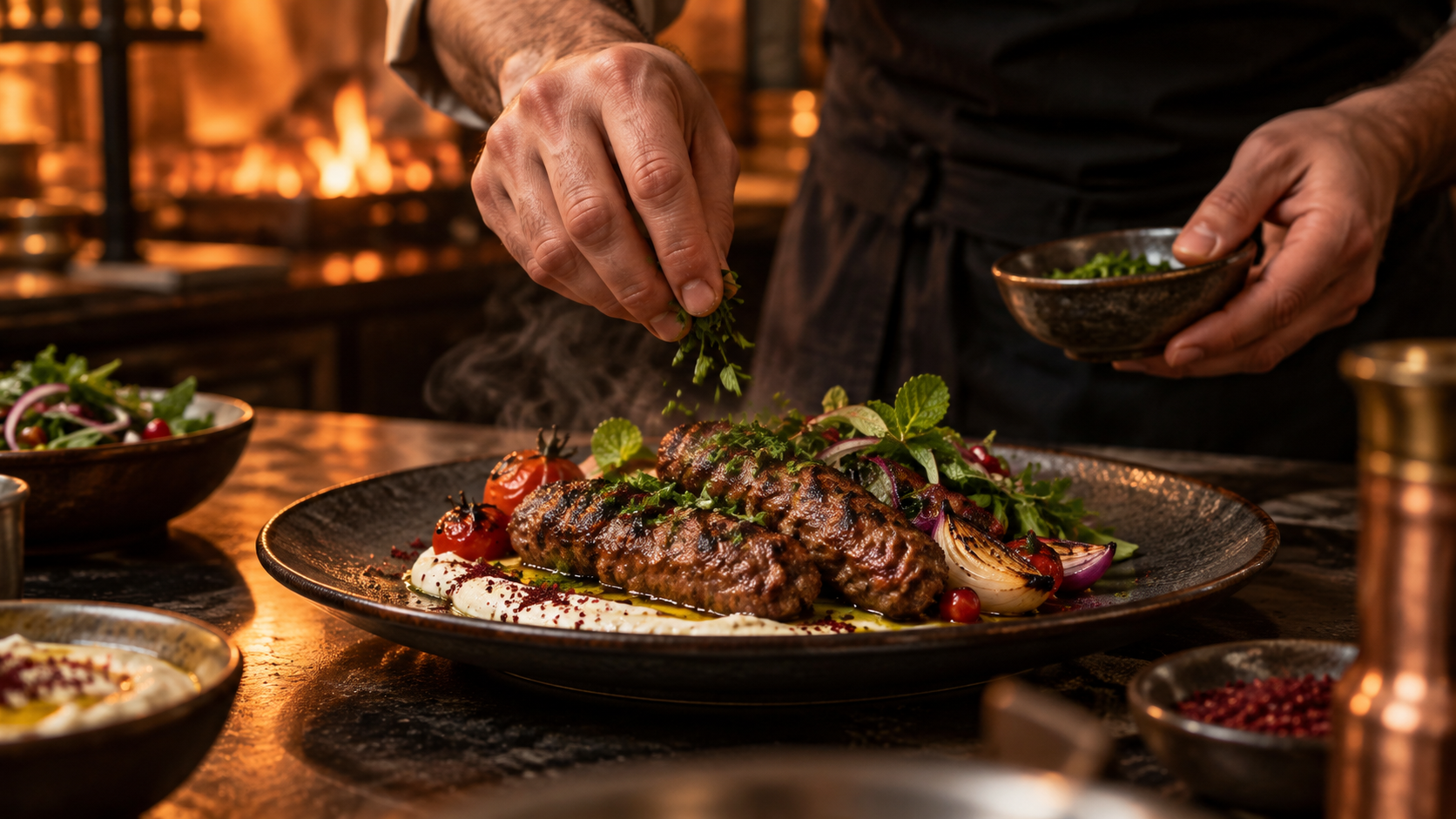 Concept photograph of a chef finishing a dish with herbs