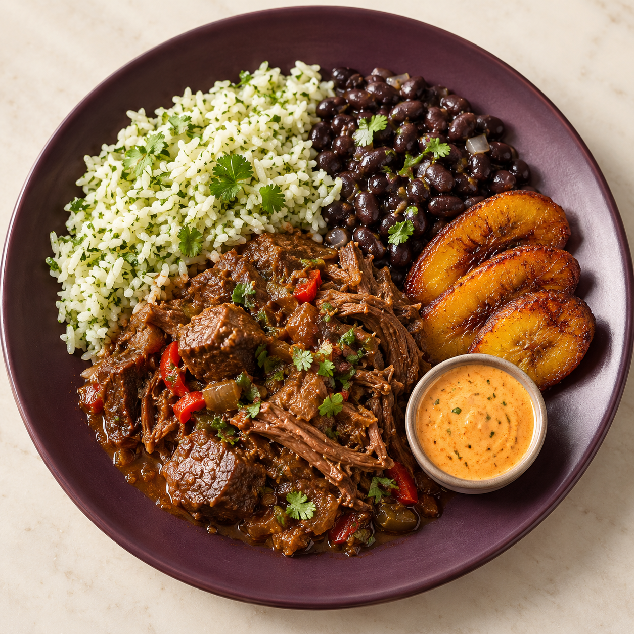 Slow-braised beef with rice, black beans, plantain, and ají — menu concept