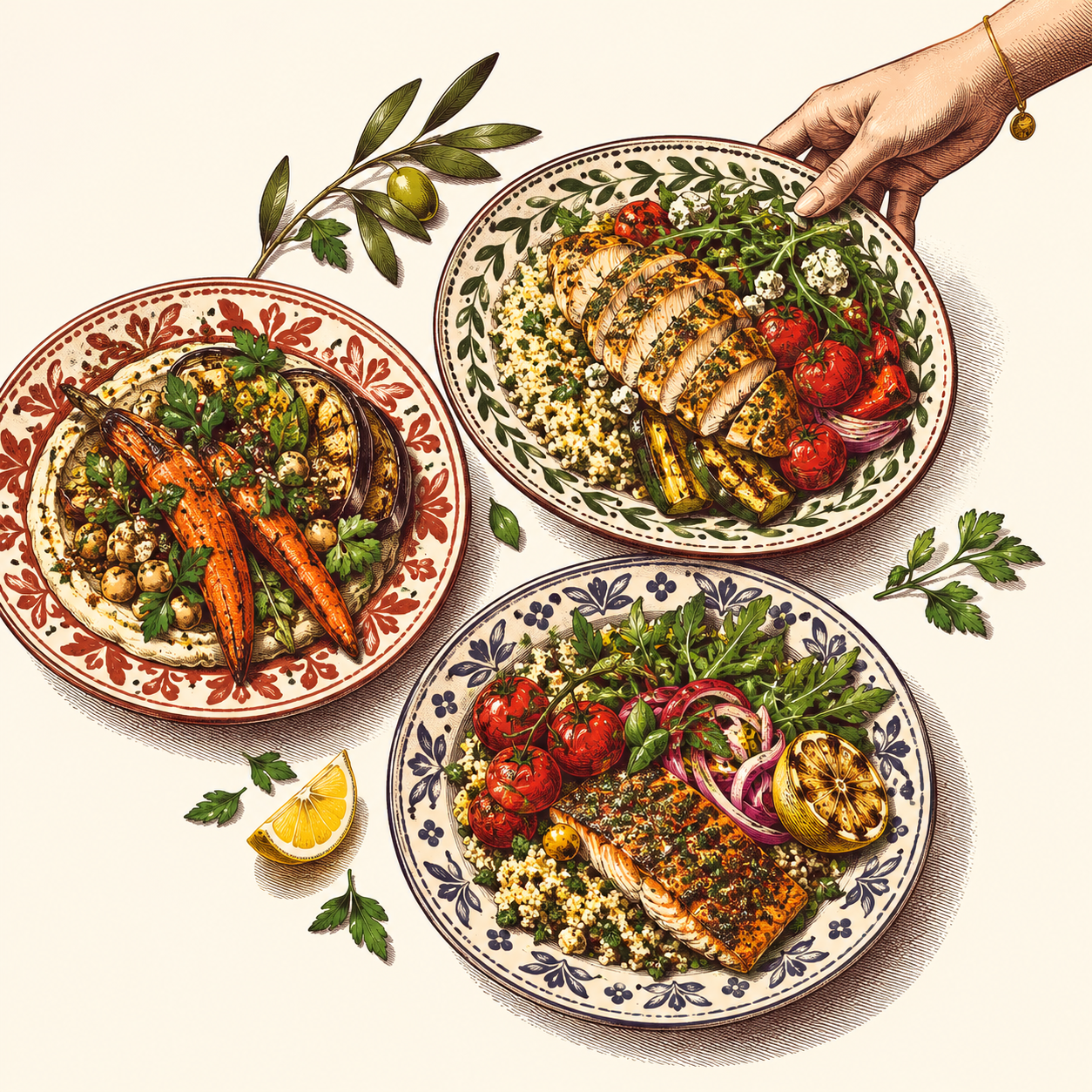 Illustration of choosing from colorful prepared meals