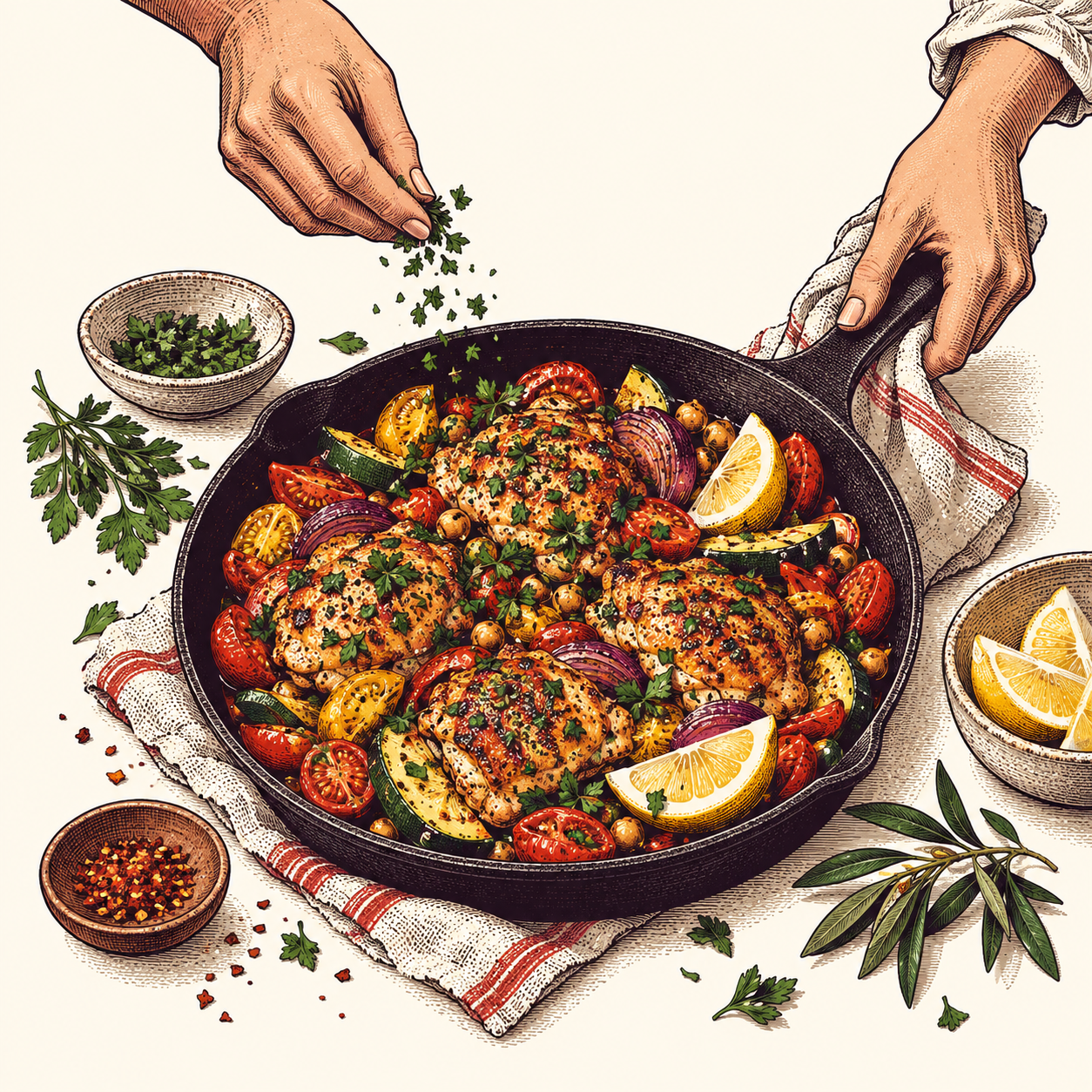 Illustration of hands cooking with a skillet, fresh herbs, and lemon