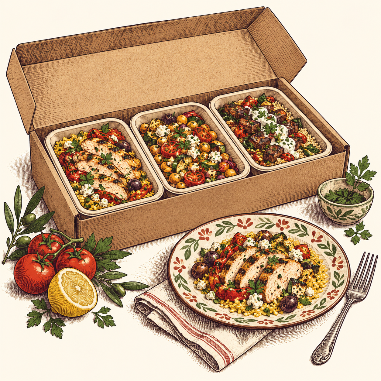 Illustration of prepared meals in an open carton, with citrus, herbs, and a plated meal